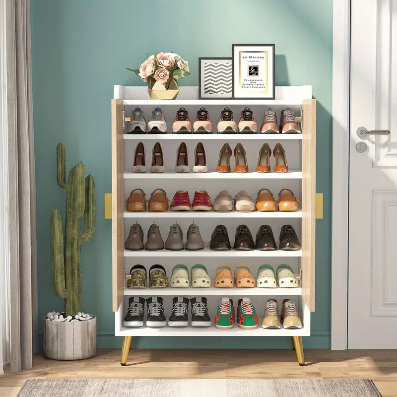 NNETMLT 7-Tier Shoe Storage Cabinet with Adjustable Shelves, Wood and Gold 8
