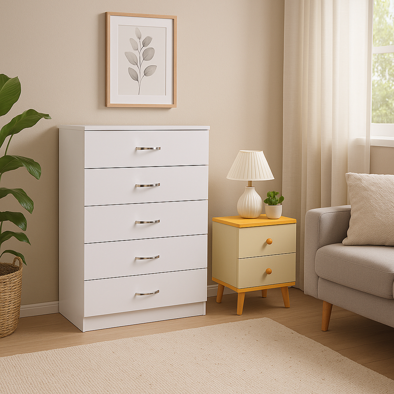 NNECN 5 Layer White Drawer Chest Storage with Bedside Table 3