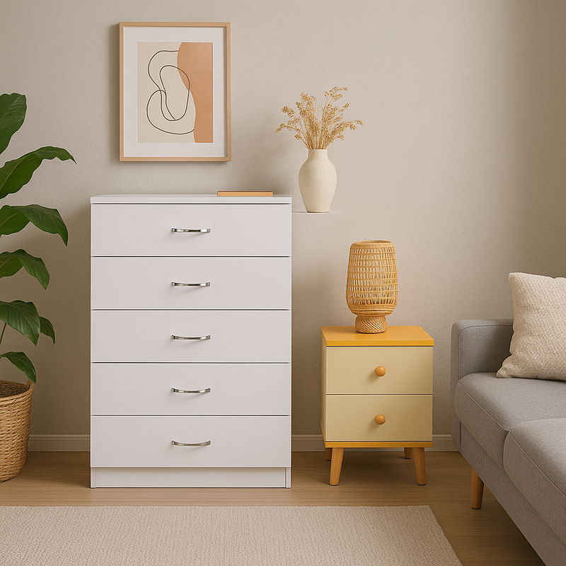 NNECN 5 Layer White Drawer Chest Storage with Bedside Table 4