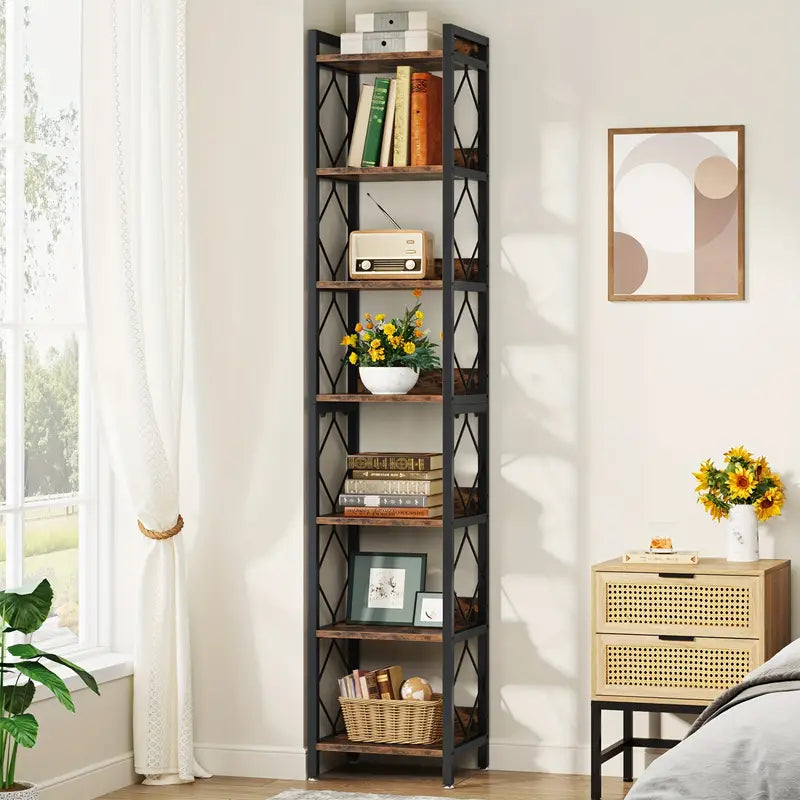 NNETMLT 78.7 Inch Extra Tall 7 Tier Skinny Bookcase, Rustic Brown 4