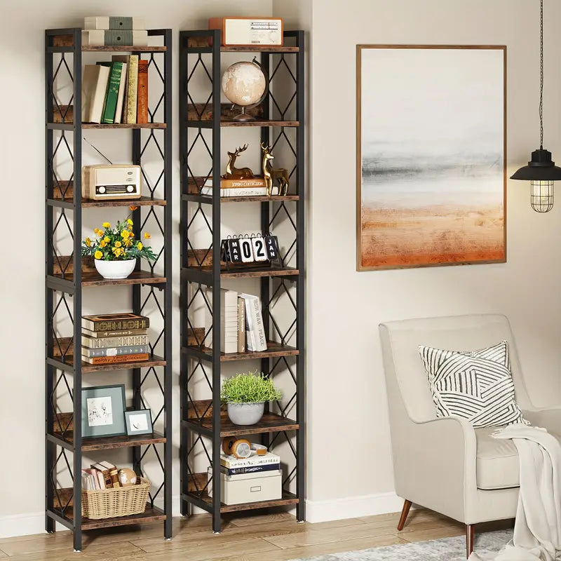 NNETMLT 78.7 Inch Extra Tall 7 Tier Skinny Bookcase, Rustic Brown 5