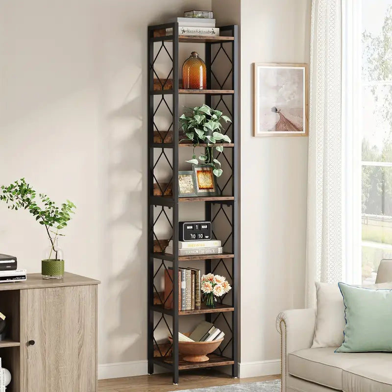 NNETMLT 78.7 Inch Extra Tall 7 Tier Skinny Bookcase, Rustic Brown 6