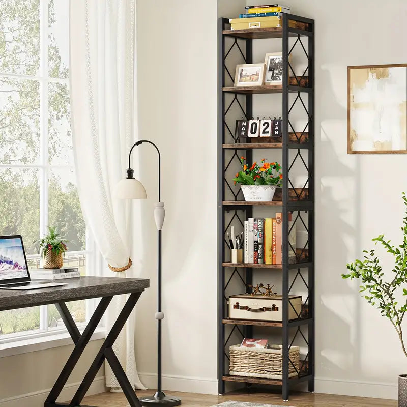 NNETMLT 78.7 Inch Extra Tall 7 Tier Skinny Bookcase, Rustic Brown 7