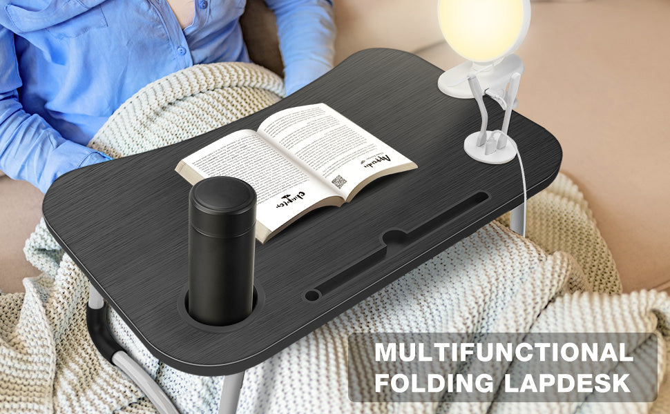 NNECN Laptop Desk Bed Table Tray Folding Breakfast Table Portable Lap Standing Desk Notebook Stand Reading Holder for Bed/Sofa Large Lap Desk with USB-Charger and Cup-Holder 4