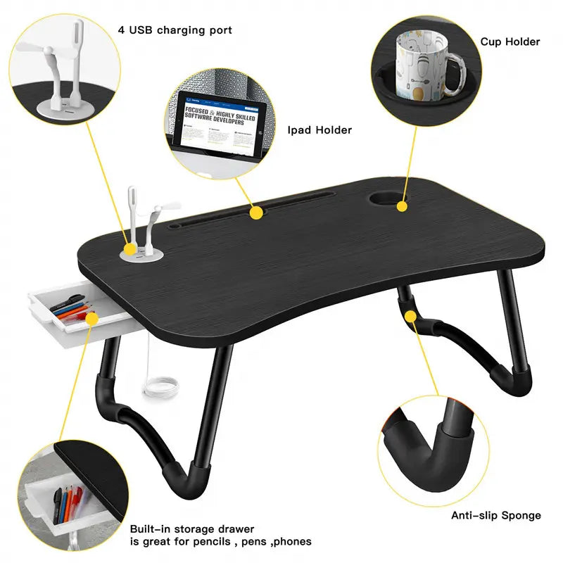 NNECN Laptop Desk Bed Table Tray Folding Breakfast Table Portable Lap Standing Desk Notebook Stand Reading Holder for Bed/Sofa Large Lap Desk with USB-Charger and Cup-Holder 5