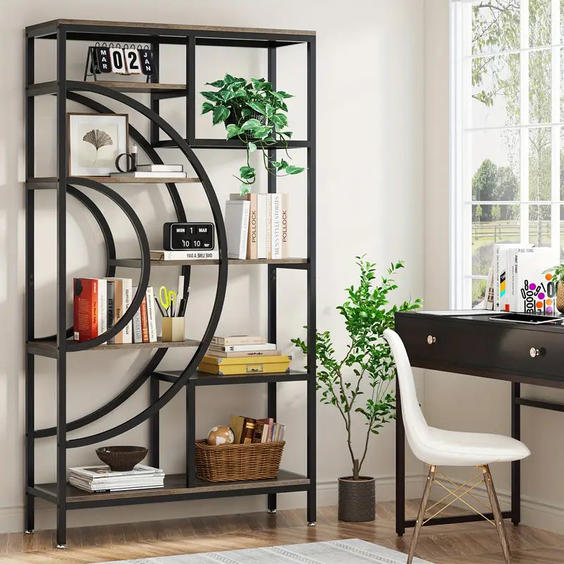 NNETMLT 8-Tier 71-Inch Industrial Geometric Bookcase with Metal Frame 5