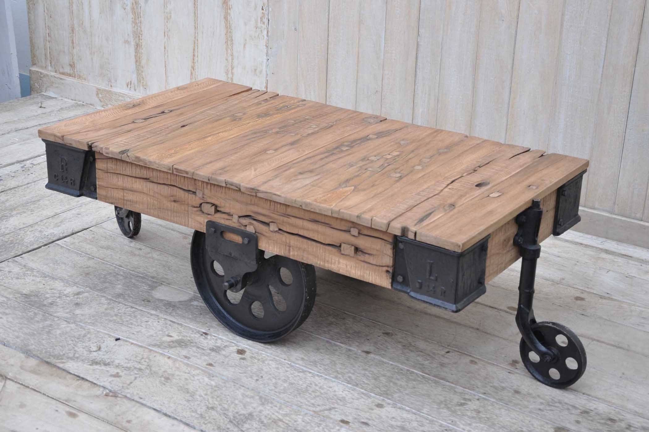 OLD RAILWAY SLEEPER INDUSTRIAL CART COFFEE TABLE 4