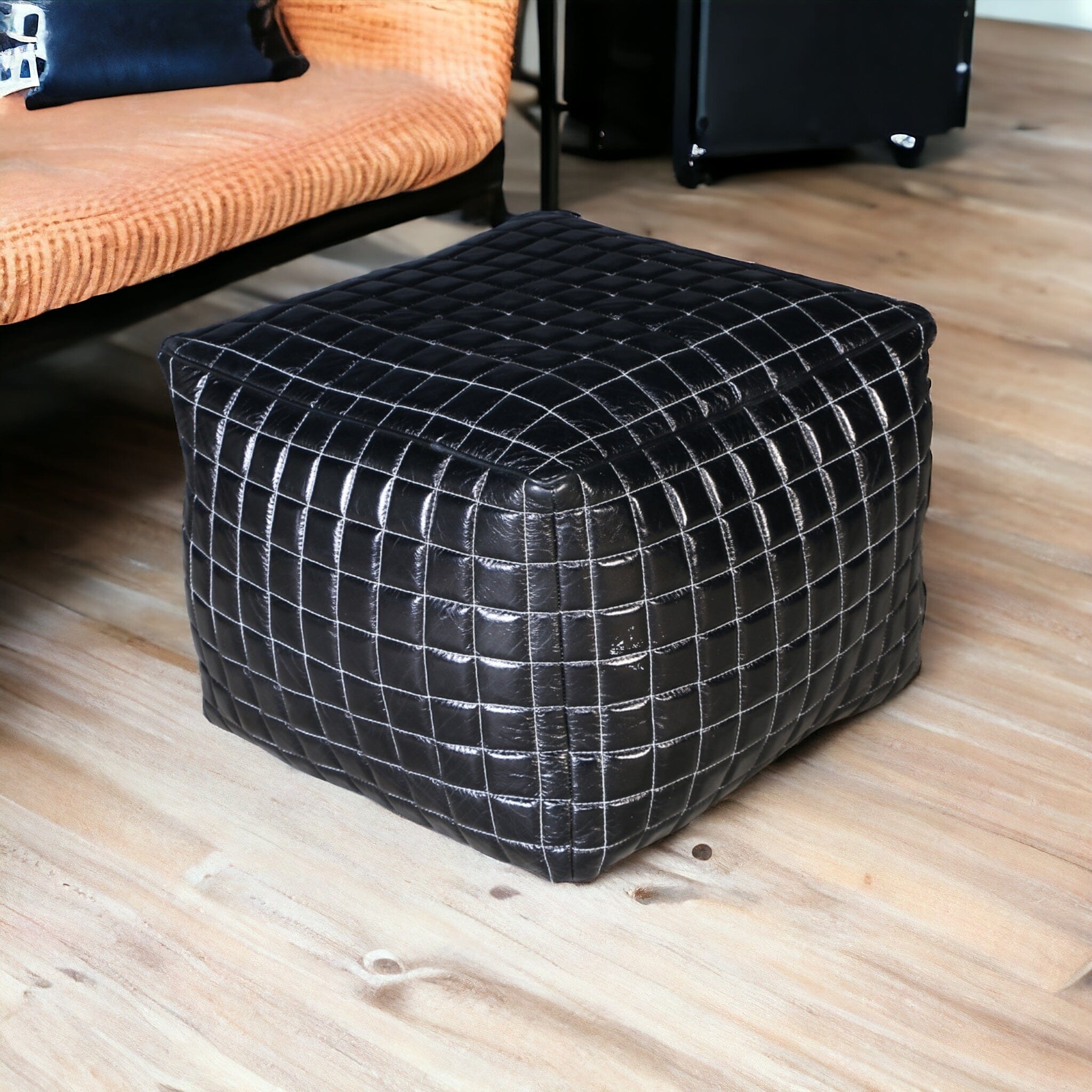 SLEEK BLACK LEATHER OTTOMAN 5