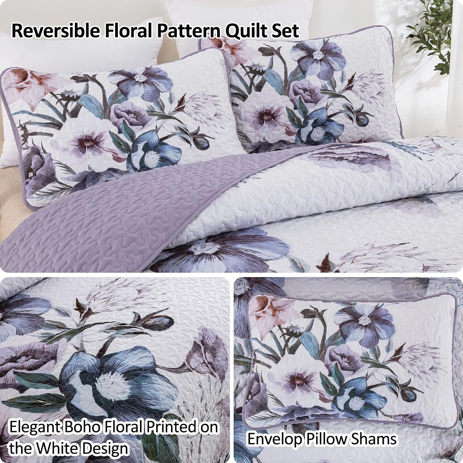 Romantic Wildflower Soft Cozy 3 Pc Bedspread & Pillow Cover Set