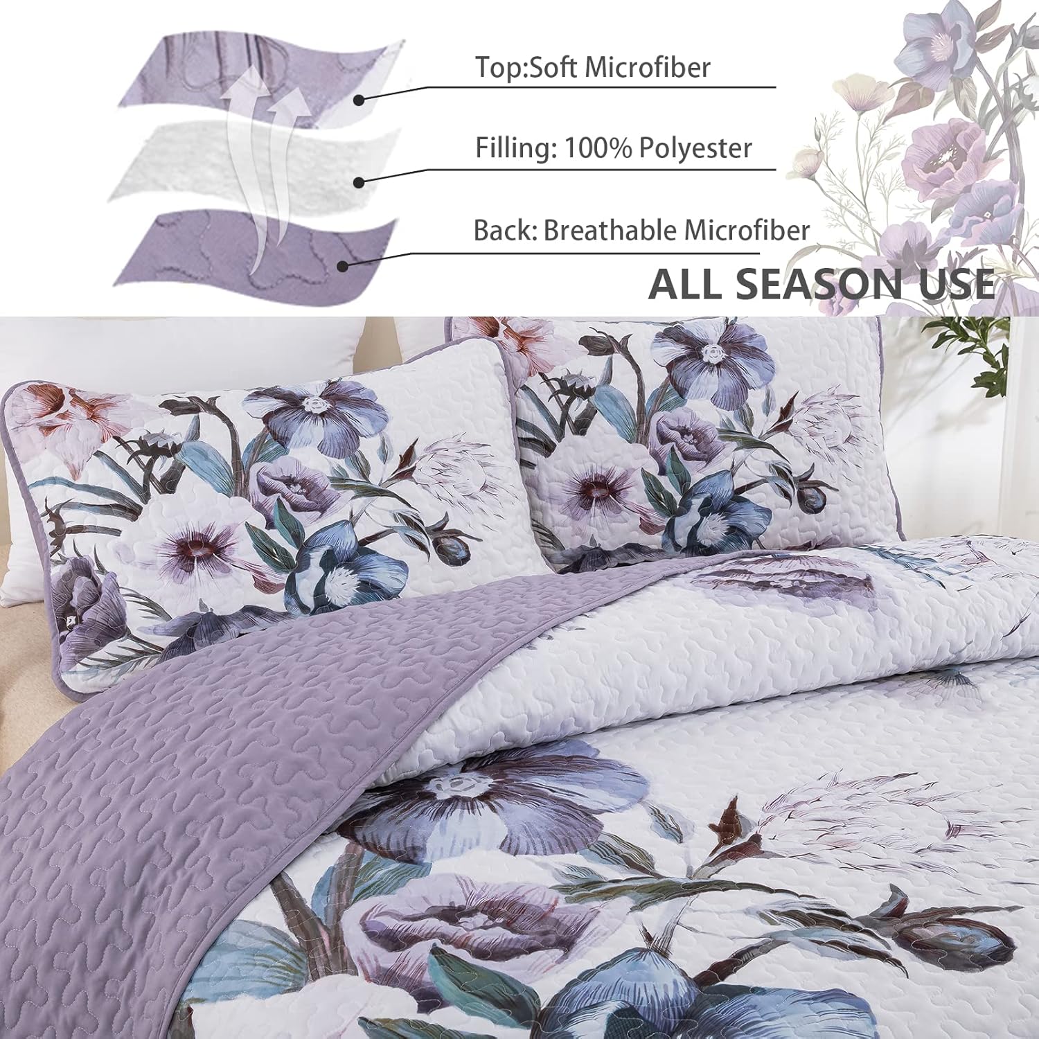 Romantic Wildflower Soft Cozy 3 Pc Bedspread & Pillow Cover Set 4