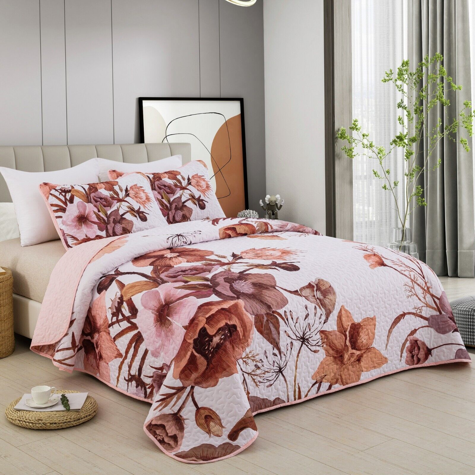 Serene Botanical Whisper romentic 3 Pc Bedspread & Pillow Cover Set 4