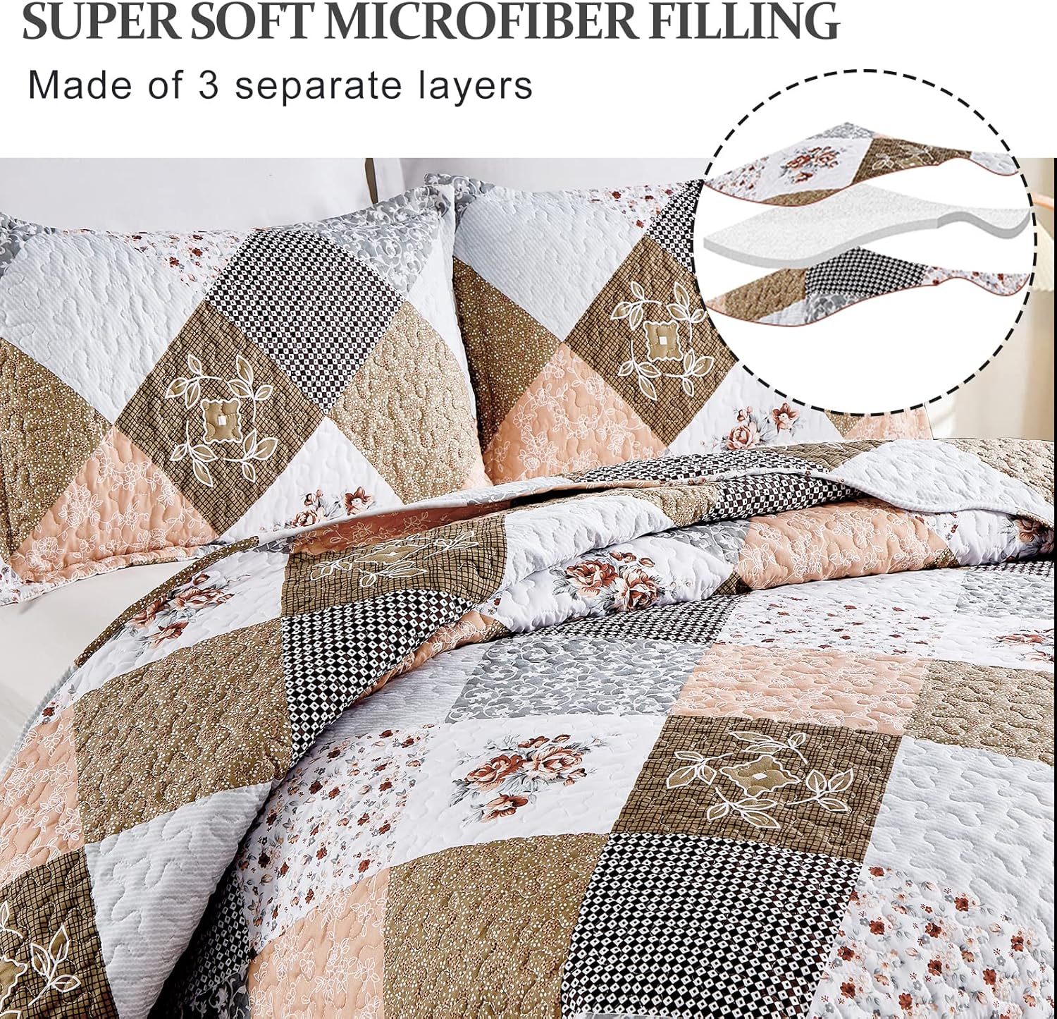 Gleaming rust brown colo patchwork 3 Pc Bedspread & Pillow Cover Set