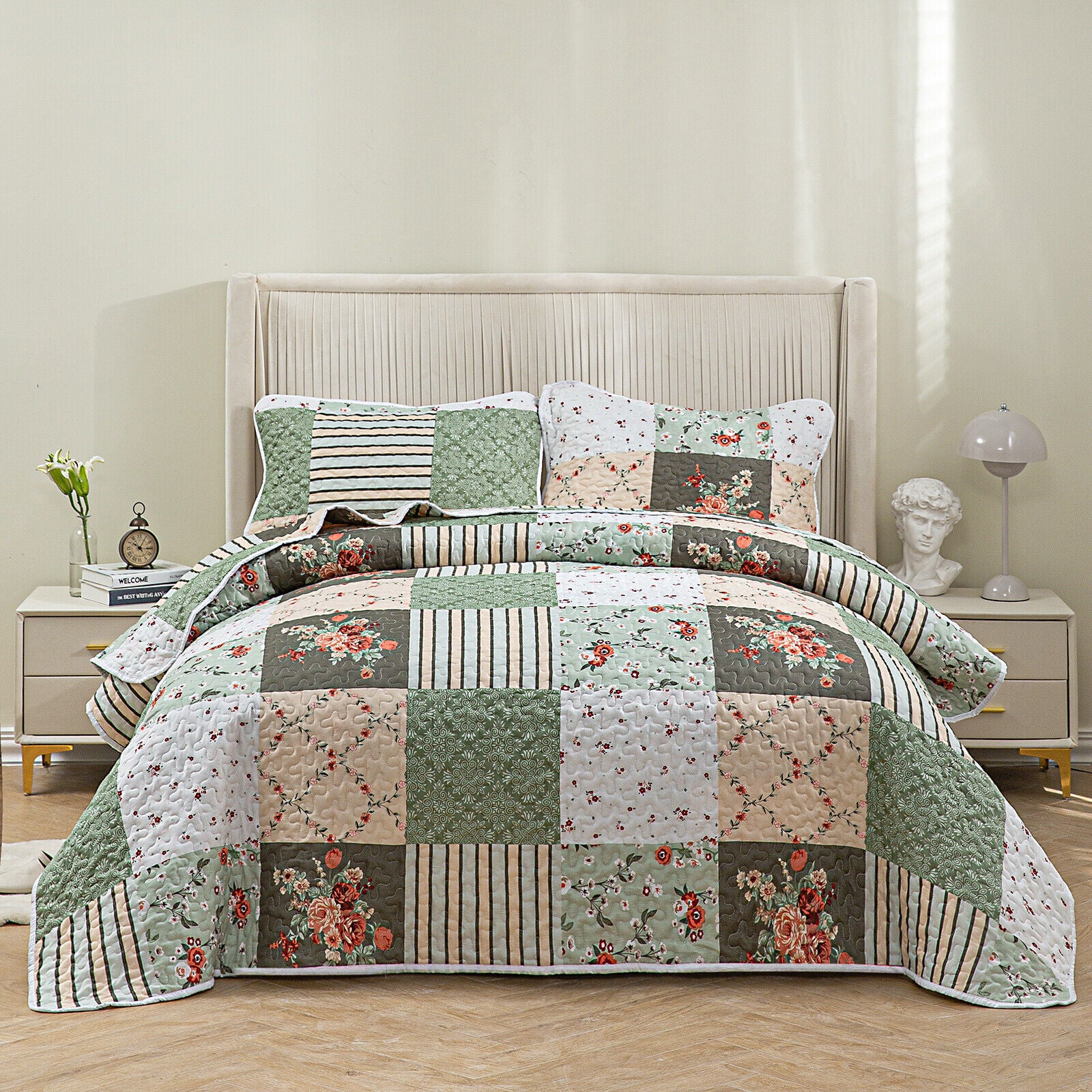 Warm Cozy patchwork greem 3 Pc Bedspread & Pillow Cover Set