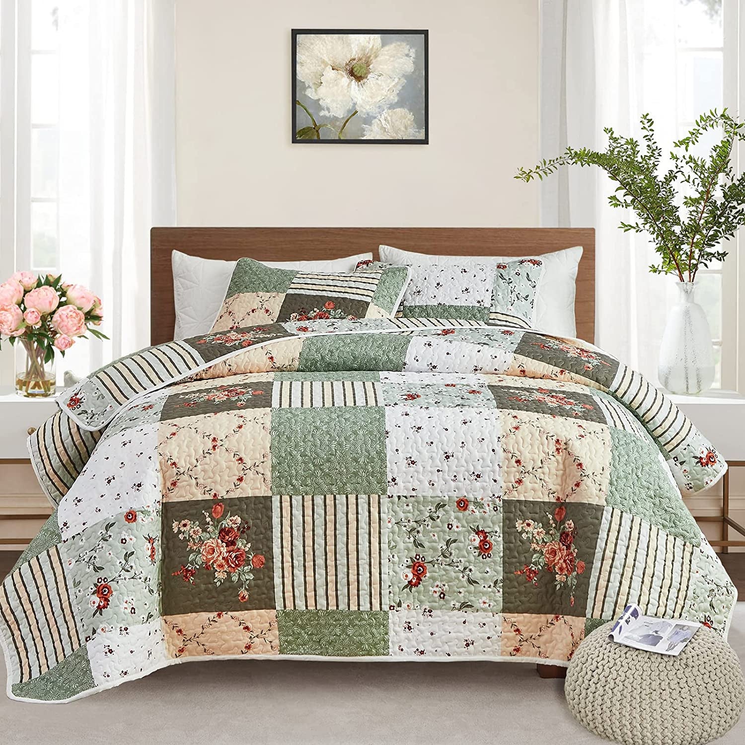 Warm Cozy patchwork greem 3 Pc Bedspread & Pillow Cover Set 6