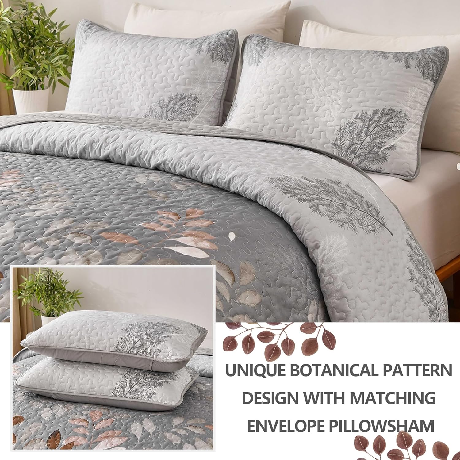 Gleaming rust grey Floral 3 Pc Bedspread & Pillow Cover Set 3