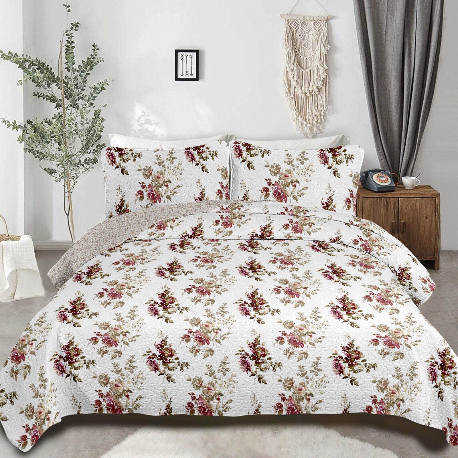 Crimson Dahlia Garden Plush 3 Pc Bedspread & Pillow Cover Set