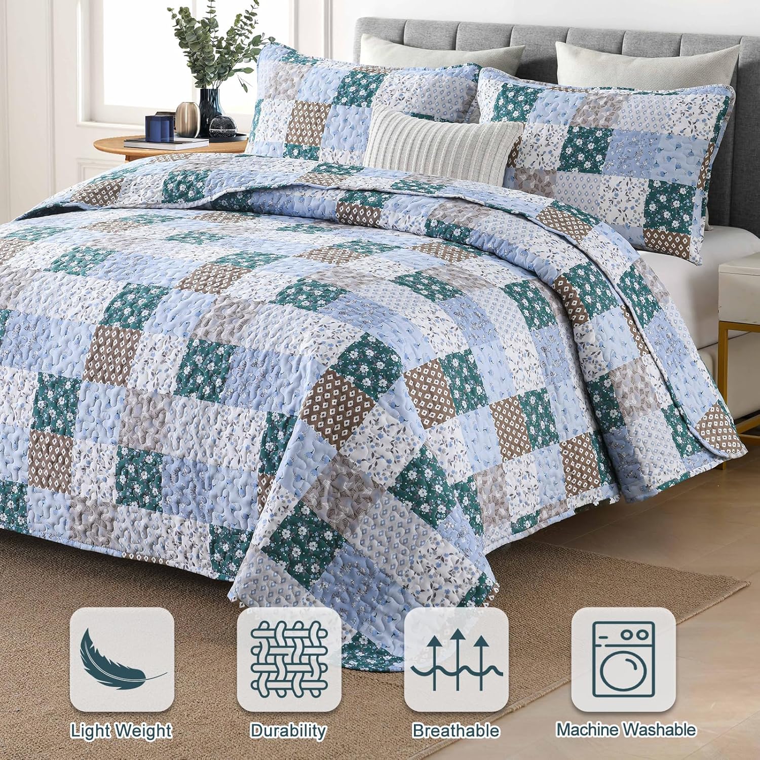 Frosted Blue Hydrangea Elegant 3 Pc Bedspread & Pillow Cover Set