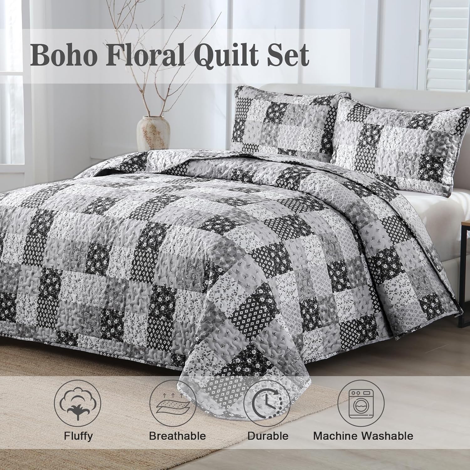 Autumn patchwork B/W Pattern 3 Pc Bedspread & Pillow Cover Set