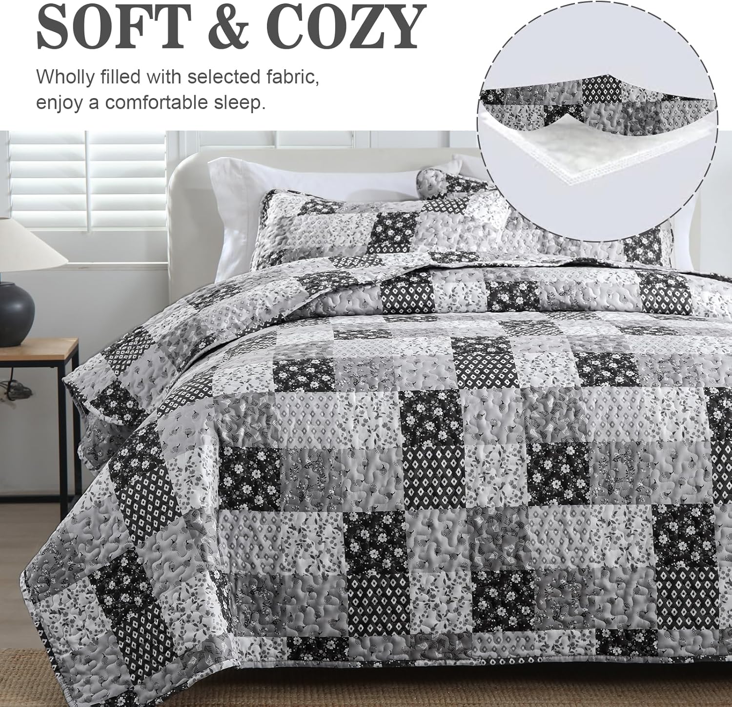 Autumn patchwork B/W Pattern 3 Pc Bedspread & Pillow Cover Set 4
