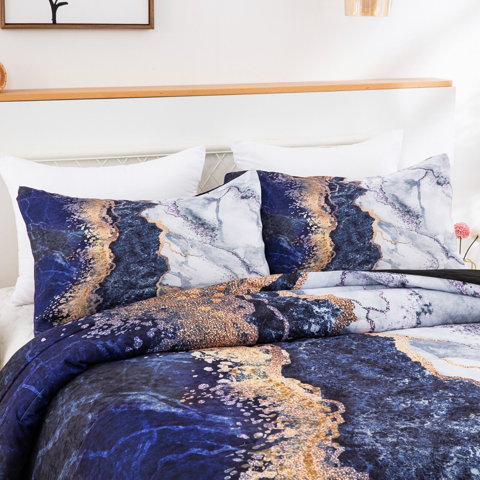 Blue Marble Comforter Set, King Size, Retro Watercolor 3-Piece Bedding Ensemble 5