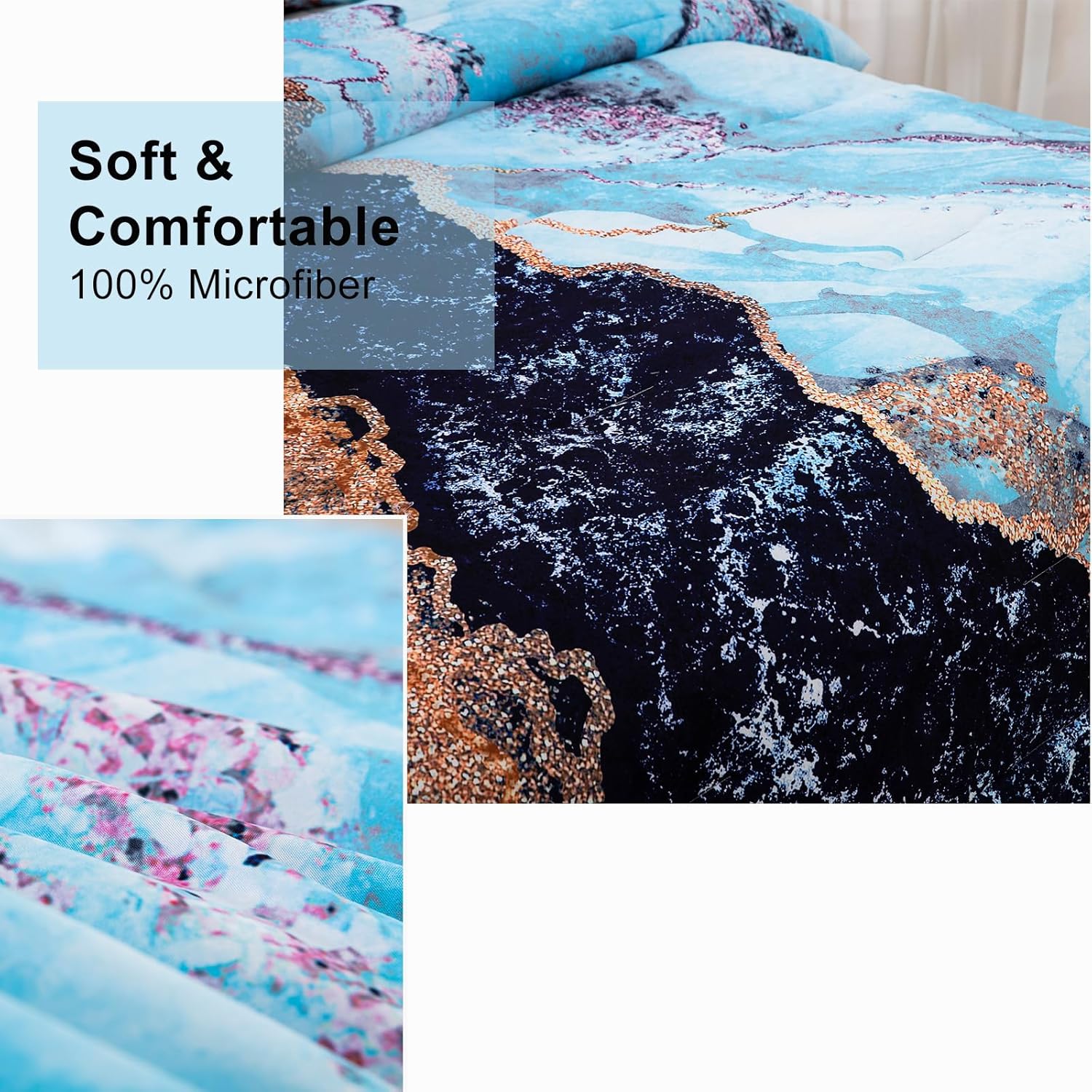 Blue Marble Comforter Set, King Size, Retro Watercolor 3-Piece Bedding Collection 4