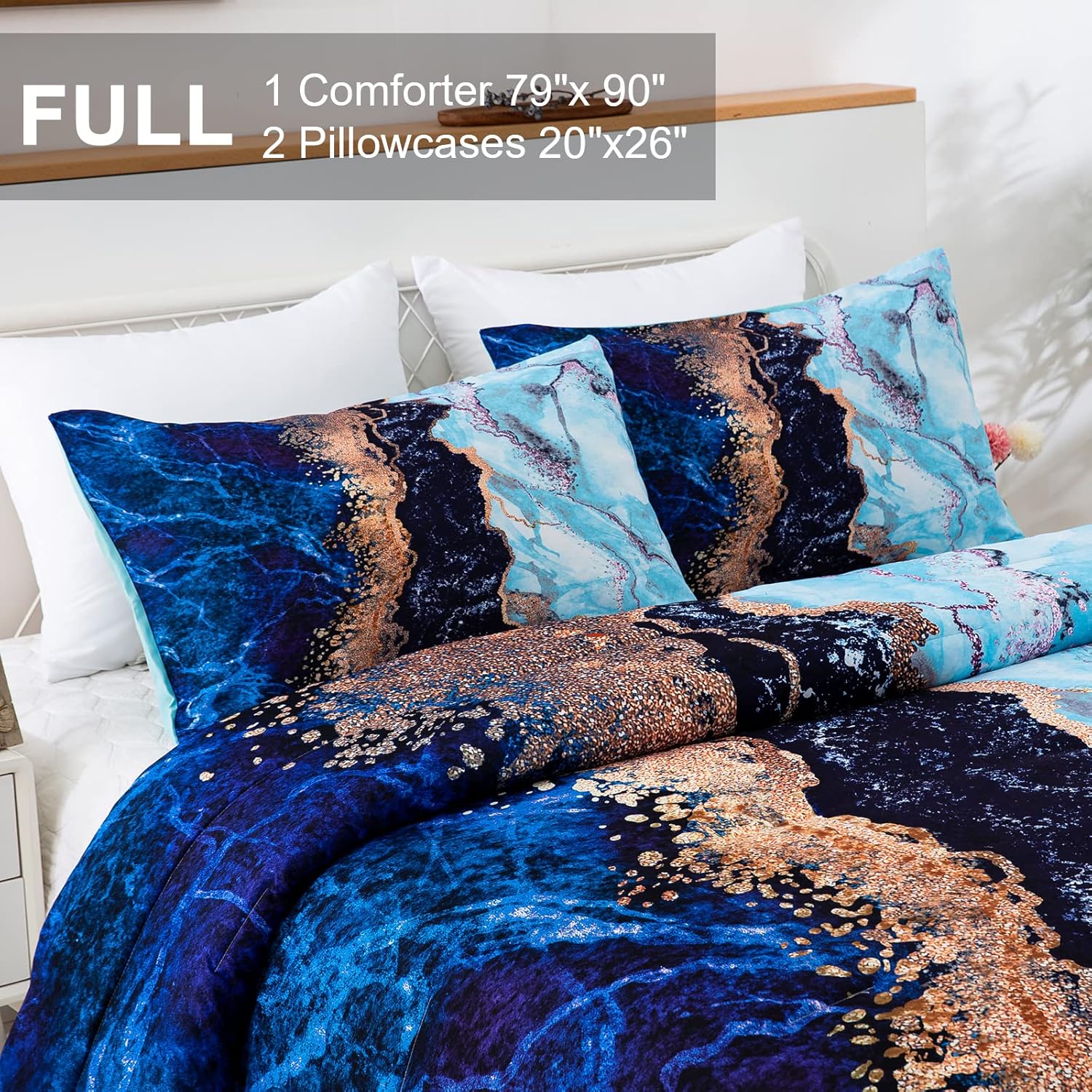 Blue Marble Comforter Set, King Size, Retro Watercolor 3-Piece Bedding Collection 7