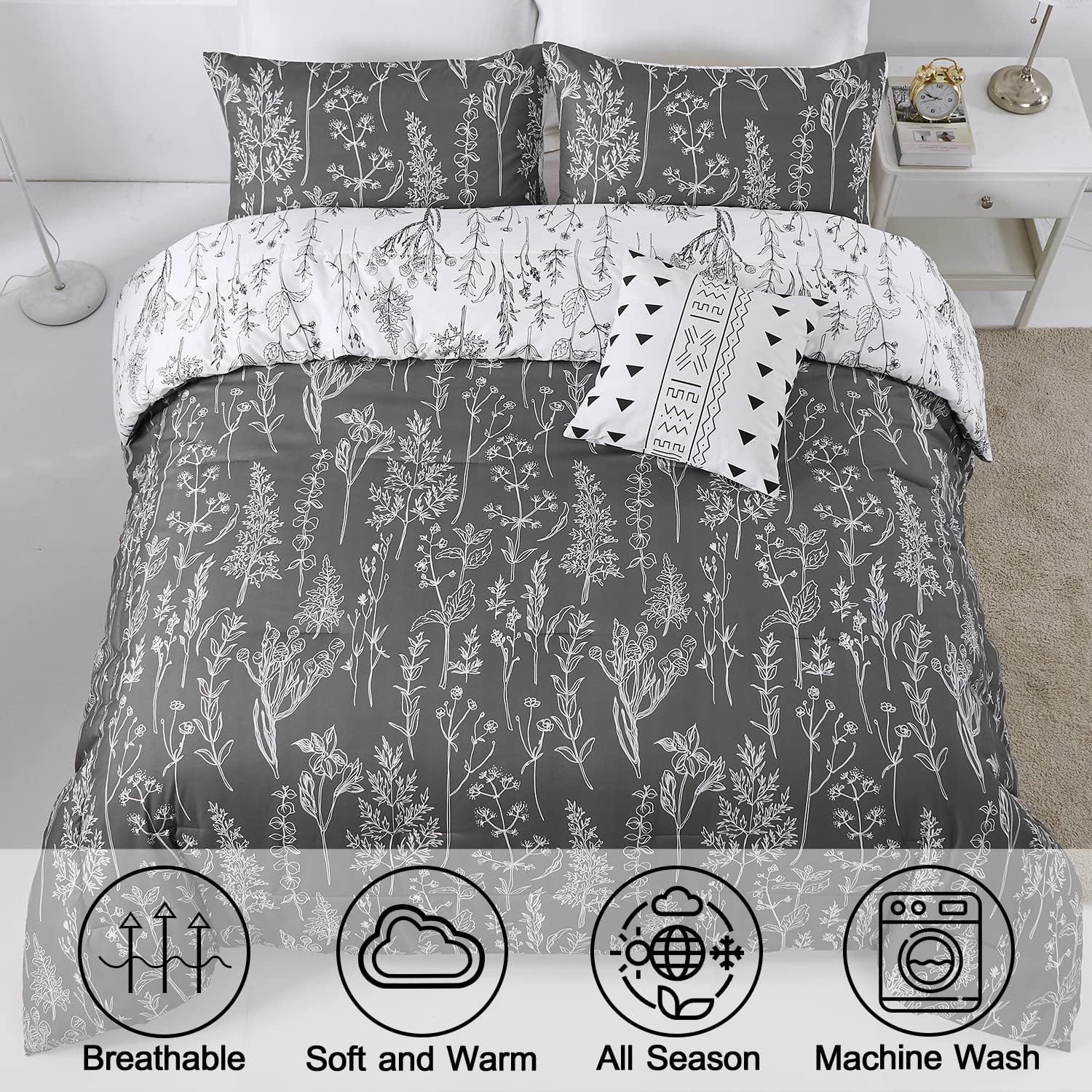 Floral Comforter Set, King Size, Black White Floral Pattern Reversible Bedding 3