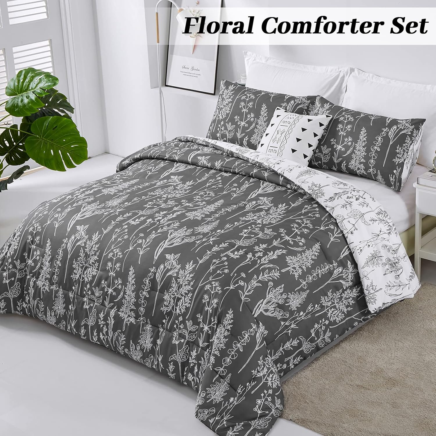 Floral Comforter Set, King Size, Black White Floral Pattern Reversible Bedding 4