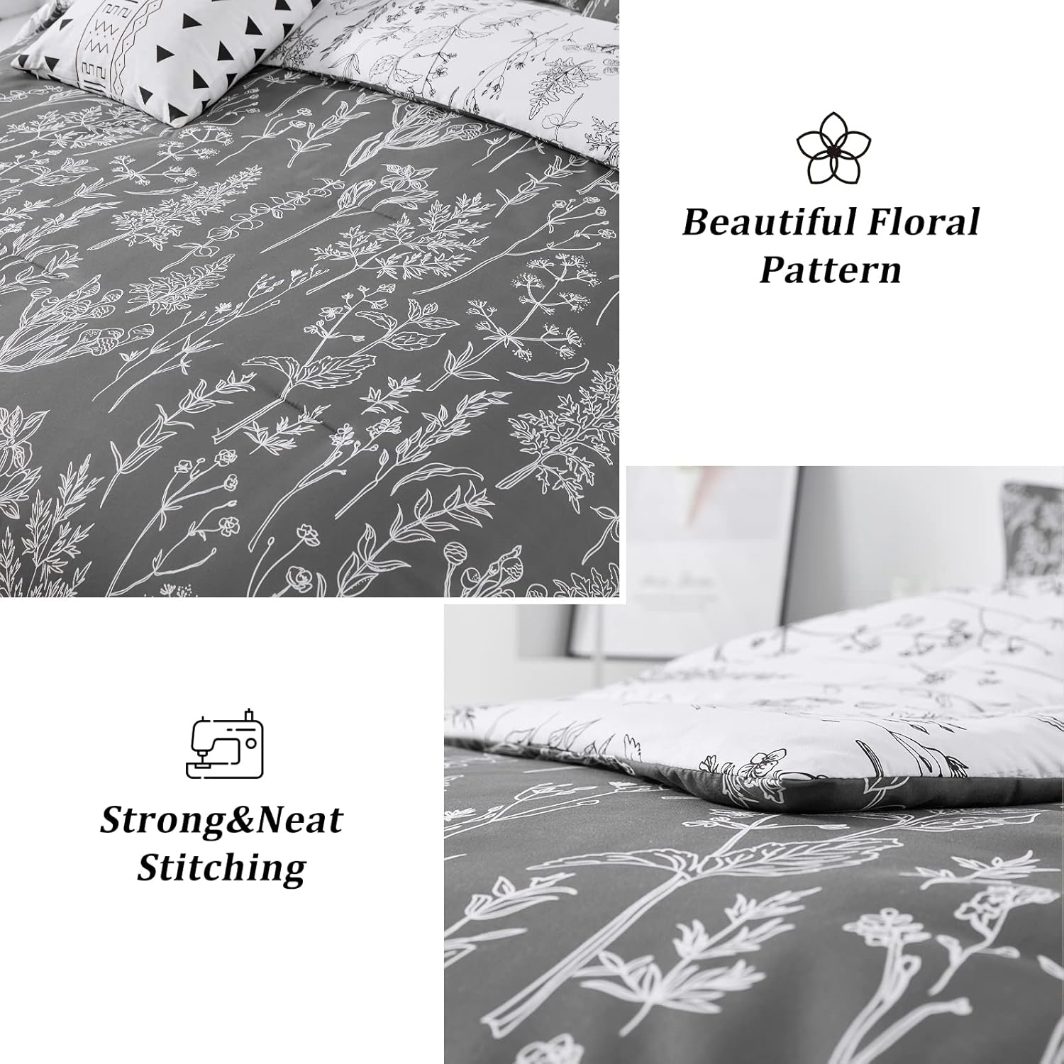 Floral Comforter Set, King Size, Black White Floral Pattern Reversible Bedding 5