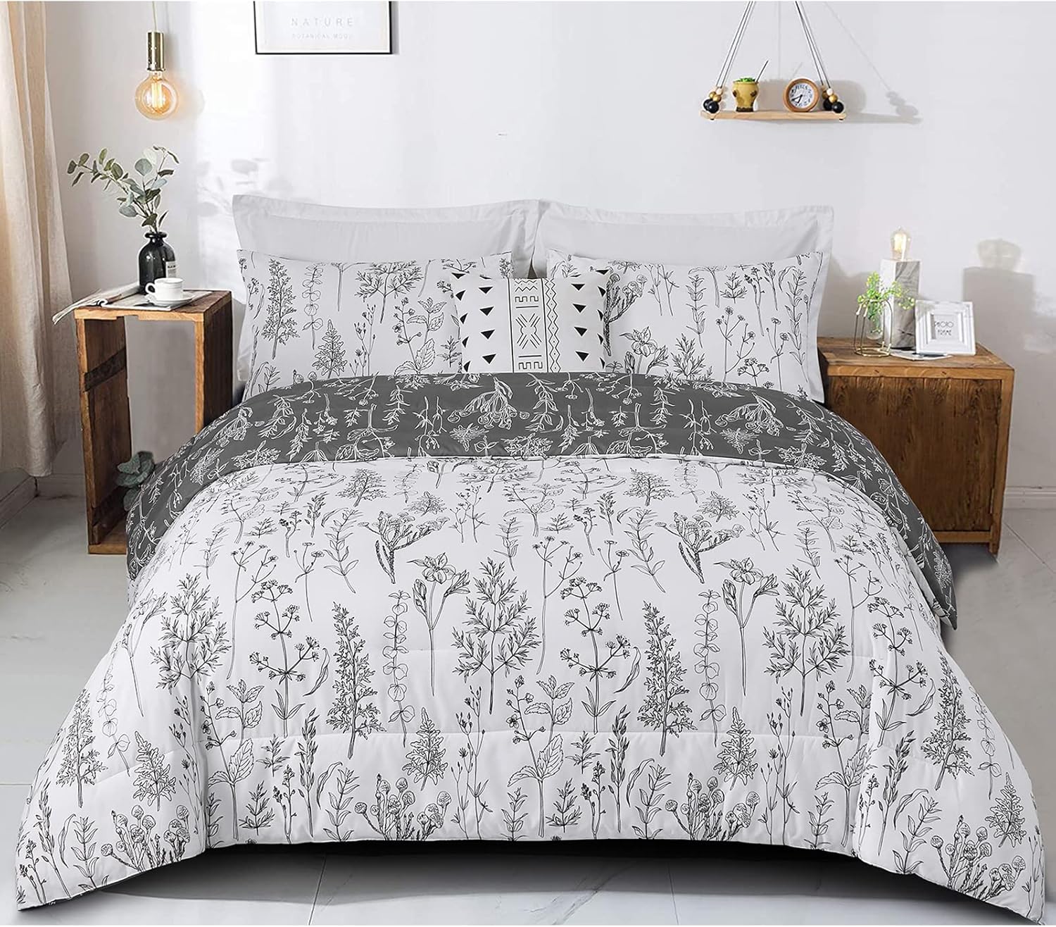 Floral Comforter Set, King Size, Black White Floral Pattern Reversible Bedding 8