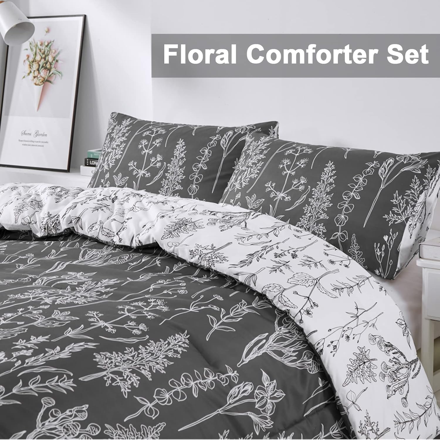 Floral Comforter Set, King Size, Black White Floral Pattern Reversible Bedding 9