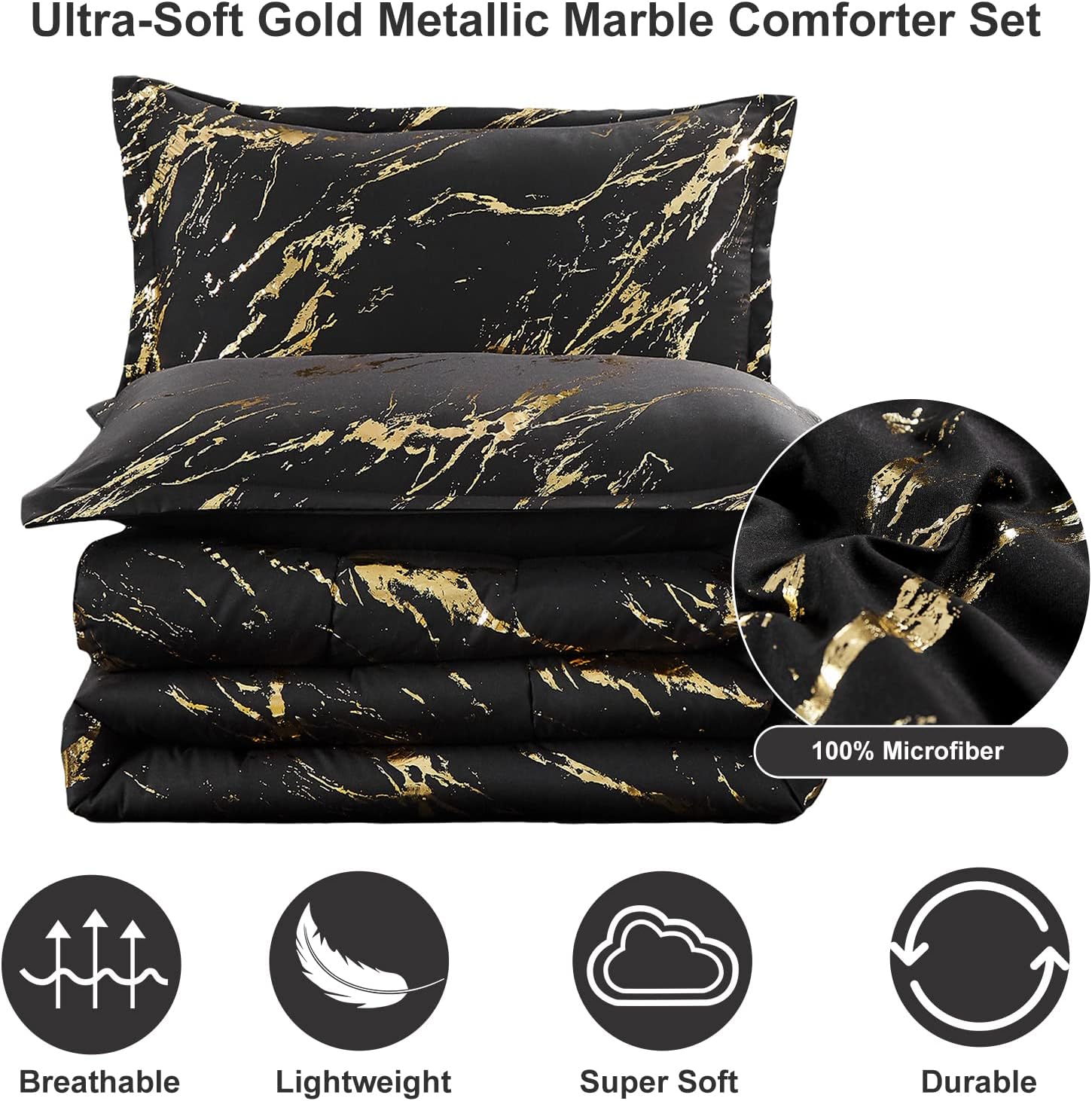 Black Gold Metallic Marble Comforter Set, King Size, Foil Print Glitter 3-Piece Bedding 3