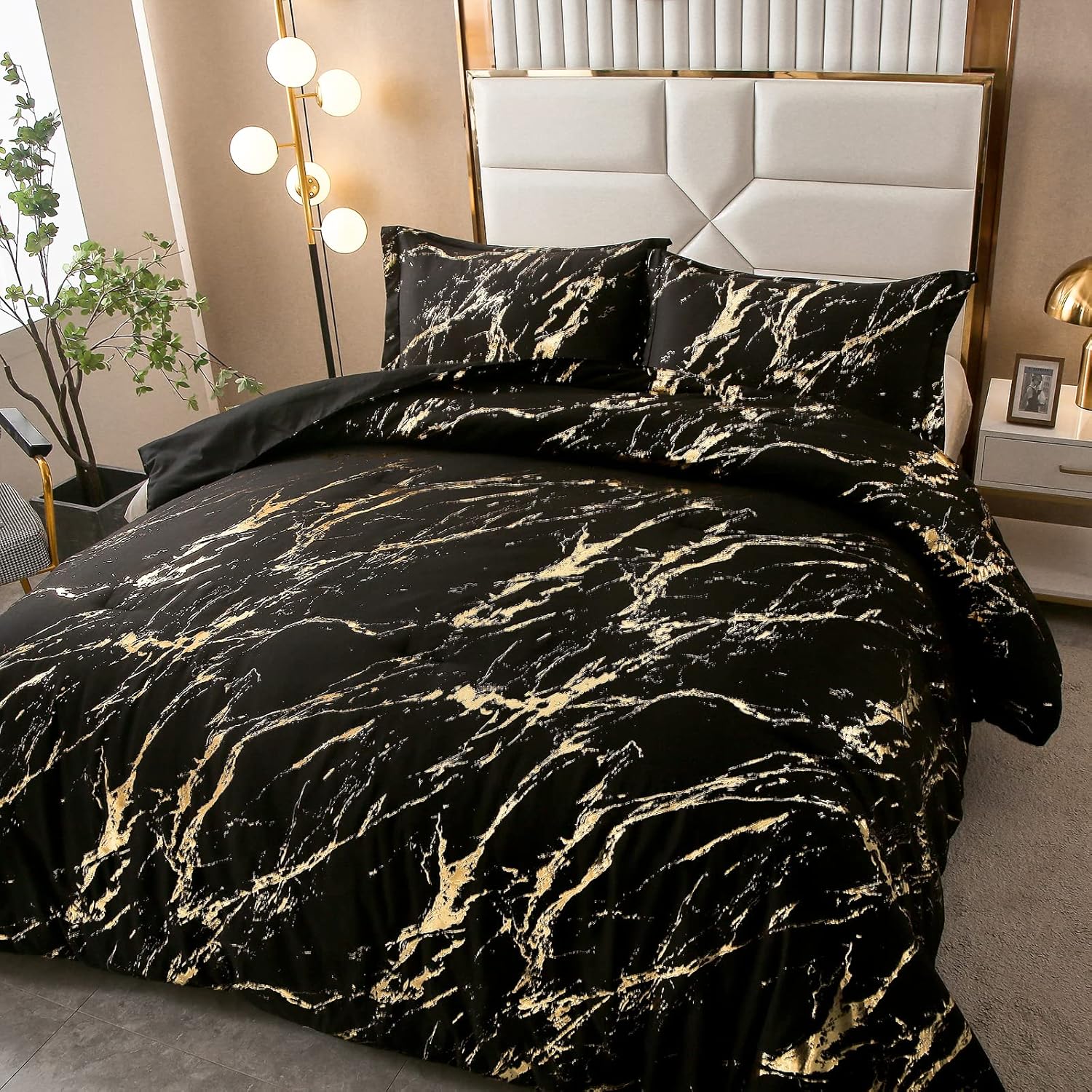 Black Gold Metallic Marble Comforter Set, King Size, Foil Print Glitter 3-Piece Bedding 4
