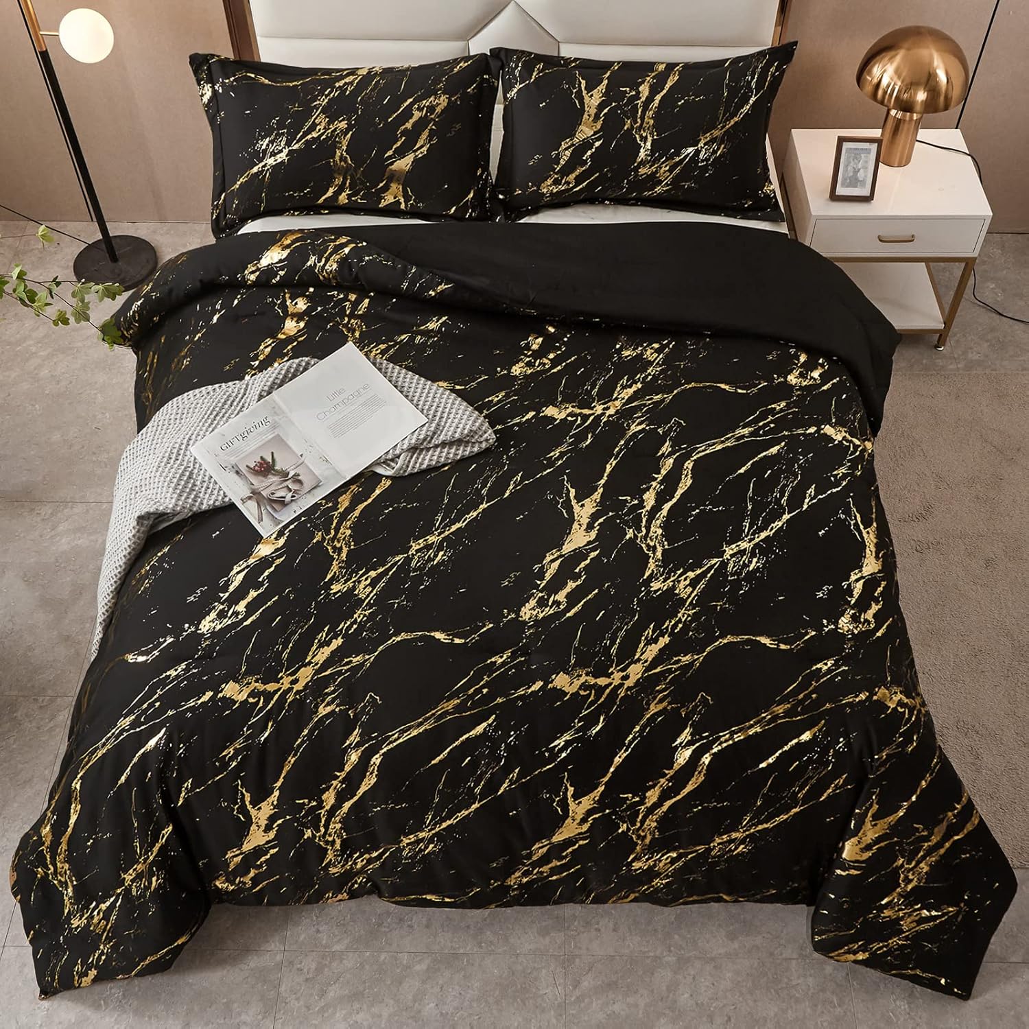 Black Gold Metallic Marble Comforter Set, King Size, Foil Print Glitter 3-Piece Bedding 5