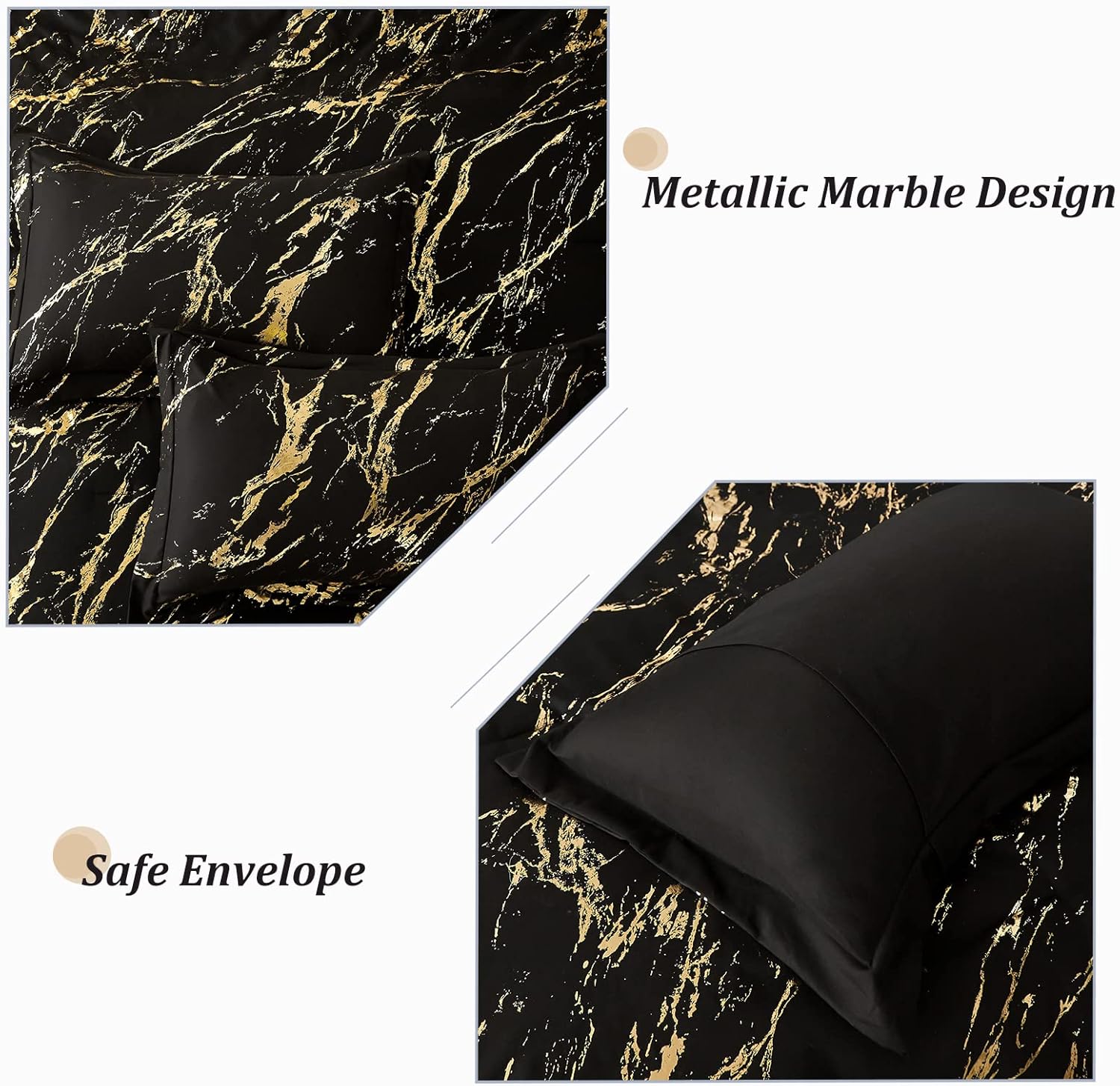 Black Gold Metallic Marble Comforter Set, King Size, Foil Print Glitter 3-Piece Bedding 6