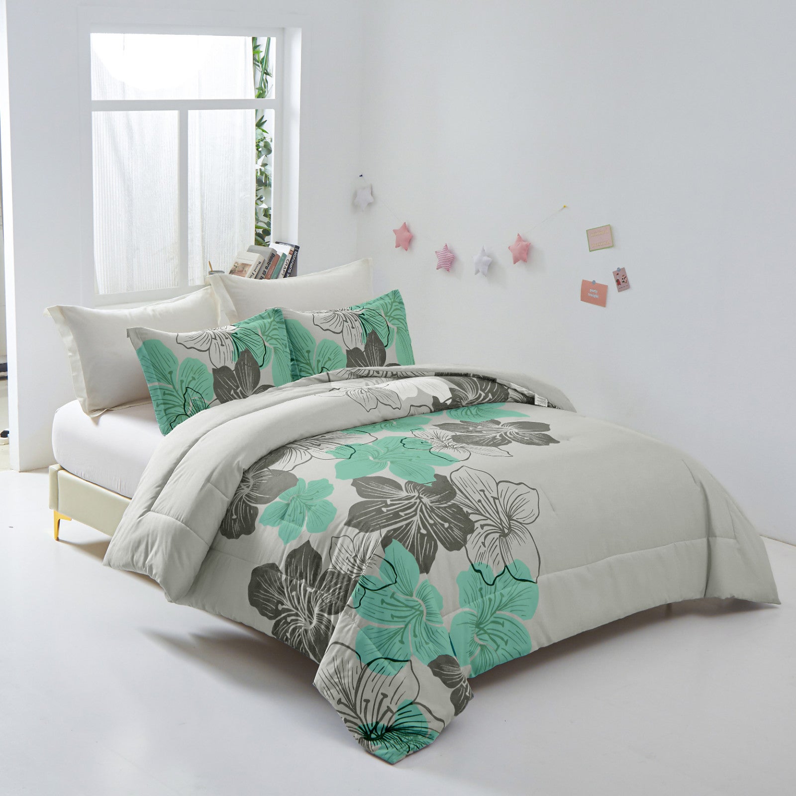 Floral Comforter Set, King Size, Green Floral 3-Piece Bedding, Lightweight Microfiber 3