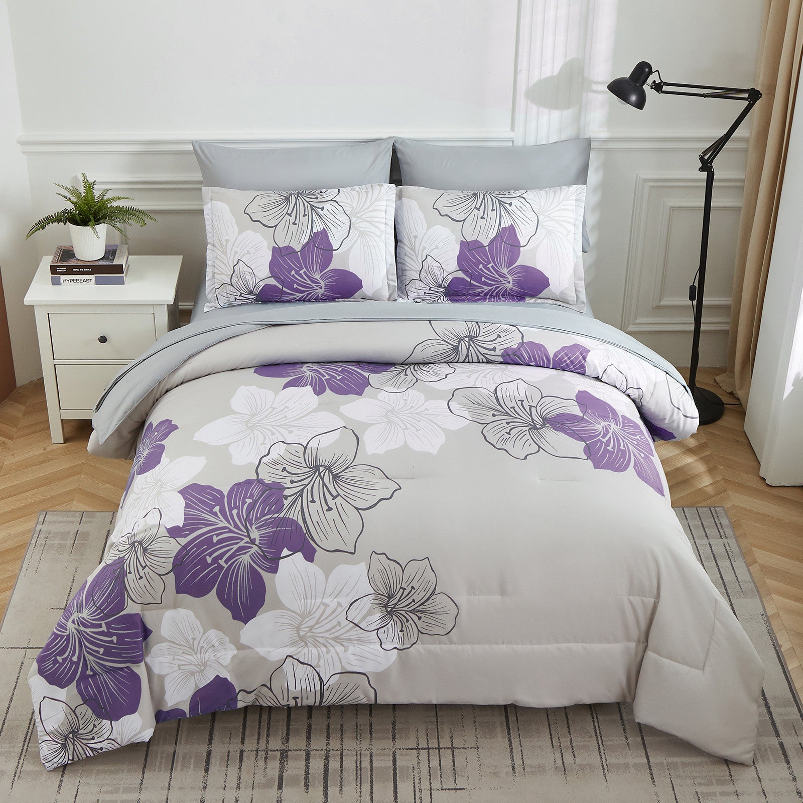 Floral Comforter Set, King Size, Purple Floral 3-Piece Bedding, Lightweight Microfiber 7