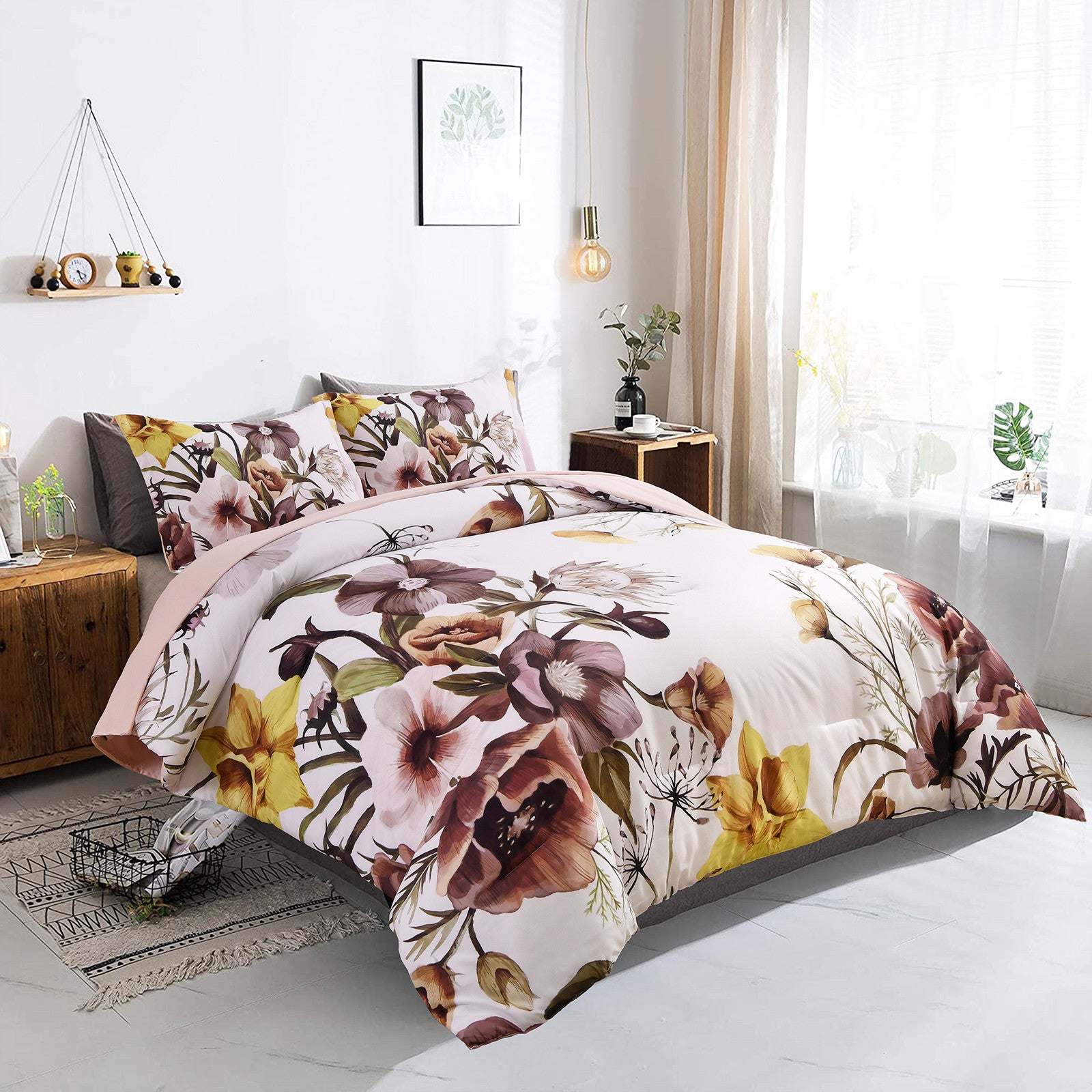 Floral Comforter Set, King Size, Blush Floral 3-Piece Bedding, Soft Microfiber for All Seasons 4