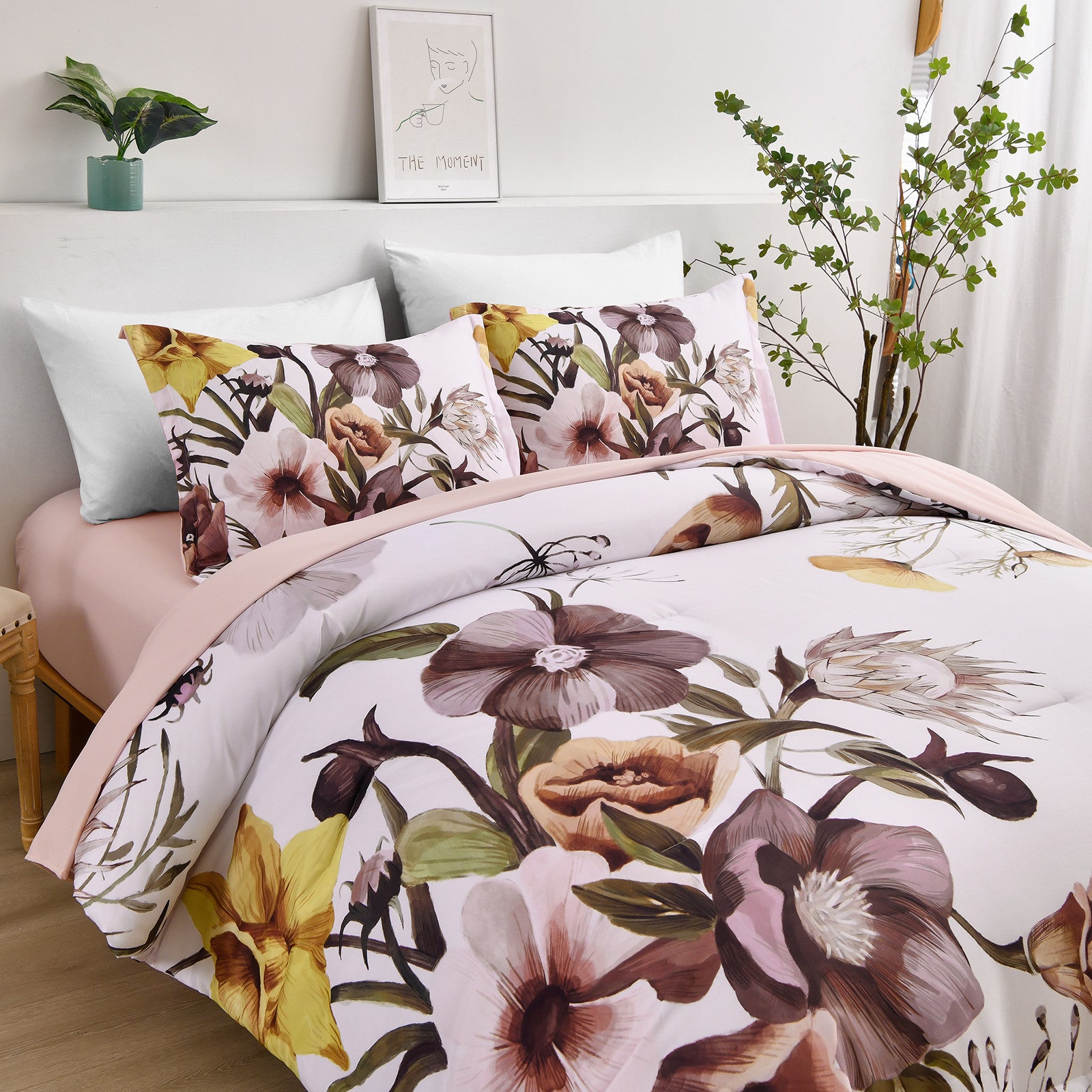 Floral Comforter Set, King Size, Blush Floral 3-Piece Bedding, Soft Microfiber for All Seasons 6