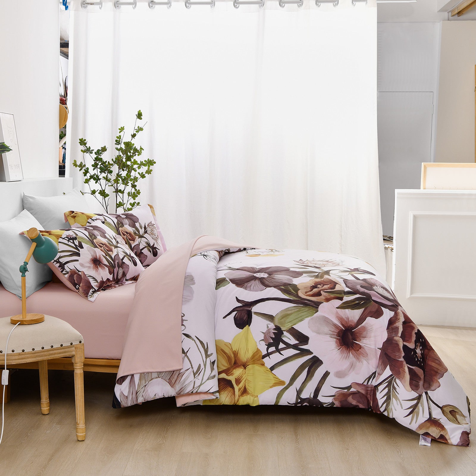 Floral Comforter Set, King Size, Blush Floral 3-Piece Bedding, Soft Microfiber for All Seasons 8