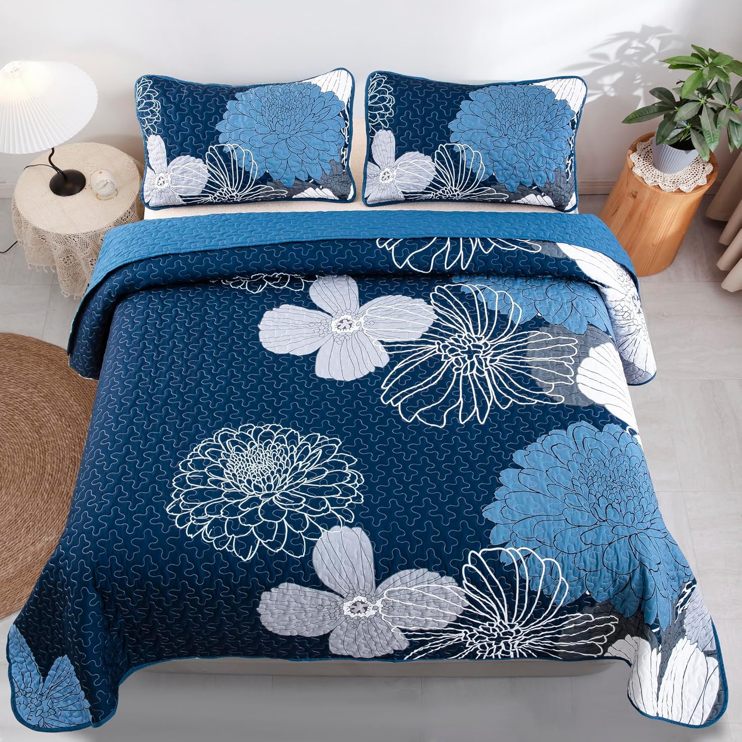 Frosted Magnolia Chic blue 3 Pc Comforter & Pillow Cover Set KING 3