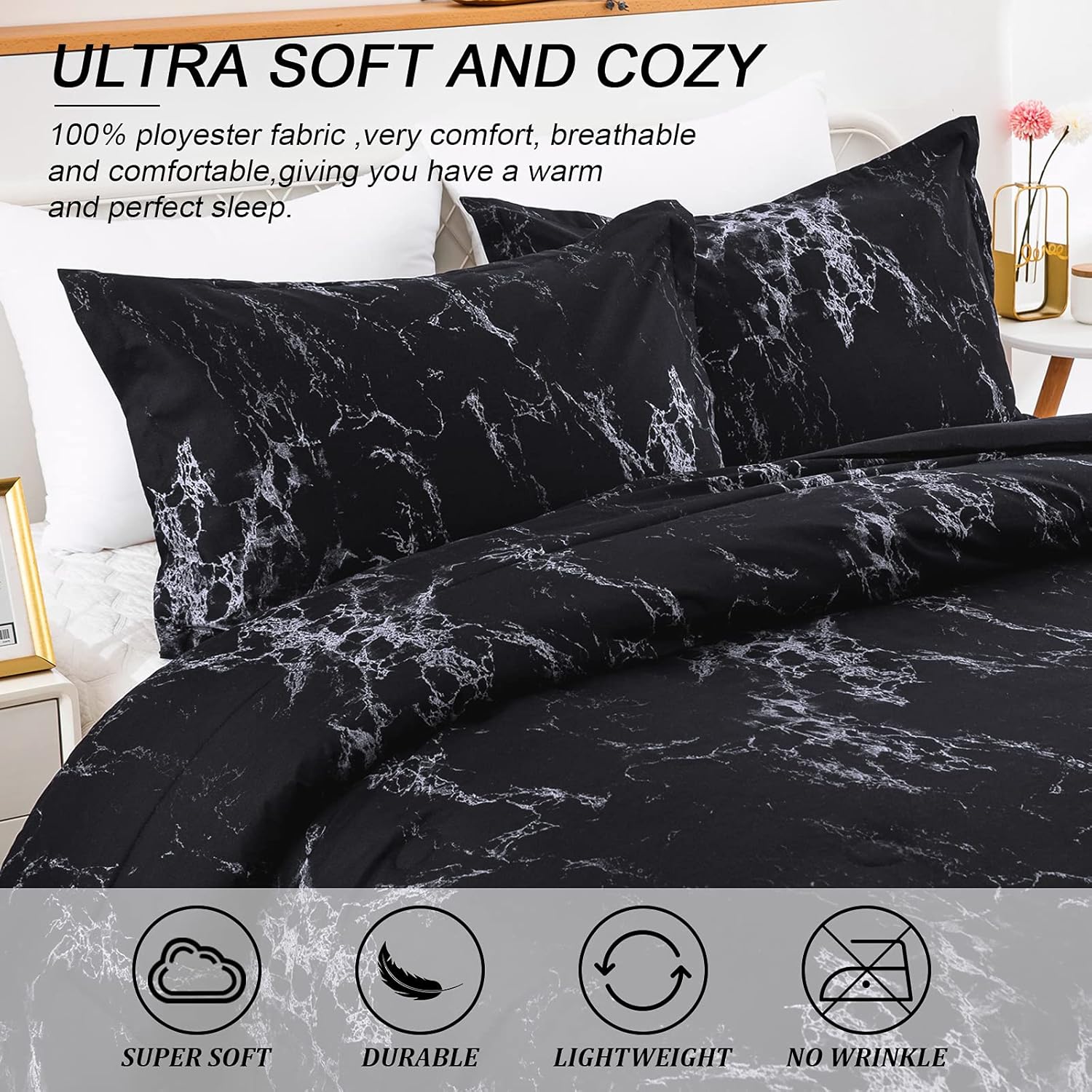 Queen Black Marble Comforter Set, Bedding for All Seasons, 3-Piece Set 3