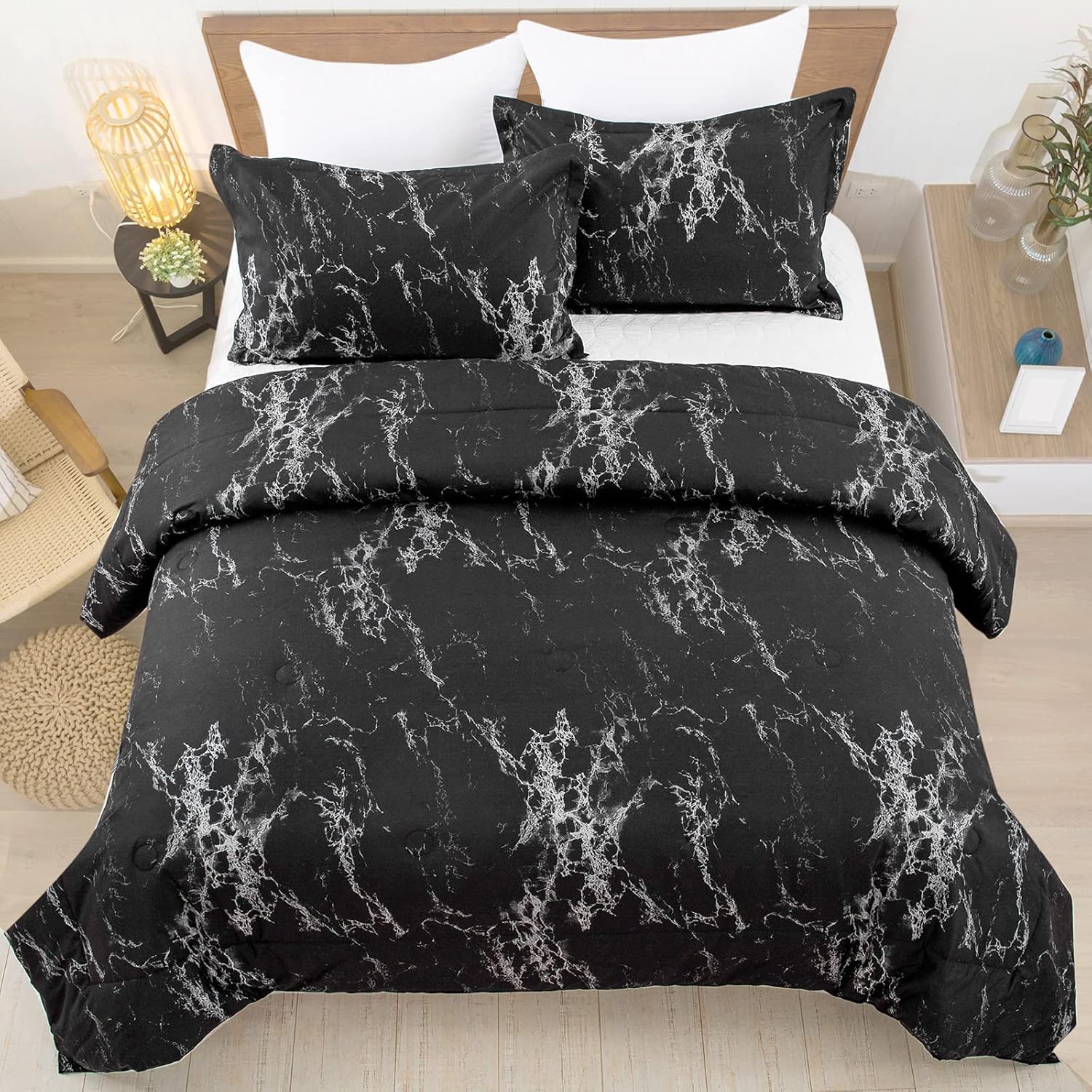 King Black Marble Comforter Set, Printed Bedding for All Seasons, Soft Microfiber 3-Piece 4