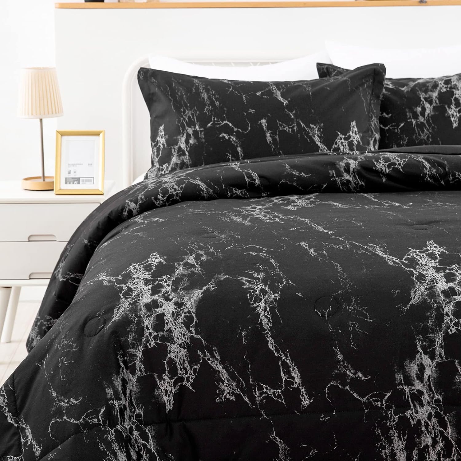 King Black Marble Comforter Set, Printed Bedding for All Seasons, Soft Microfiber 3-Piece 5