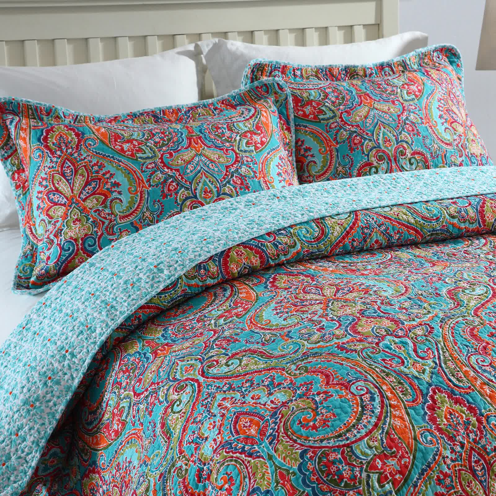 Blue Teal Boho Print Bedspread Quilt Set + Pillowcases 4