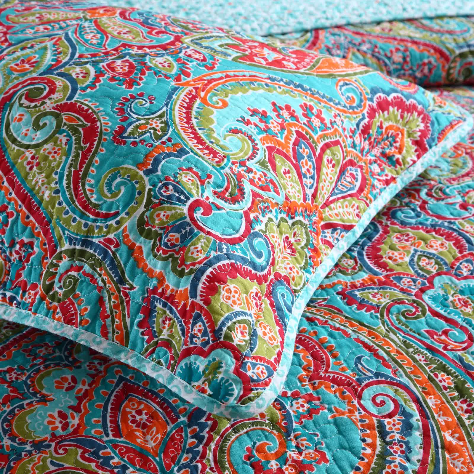 Blue Teal Boho Print Bedspread Quilt Set + Pillowcases 7