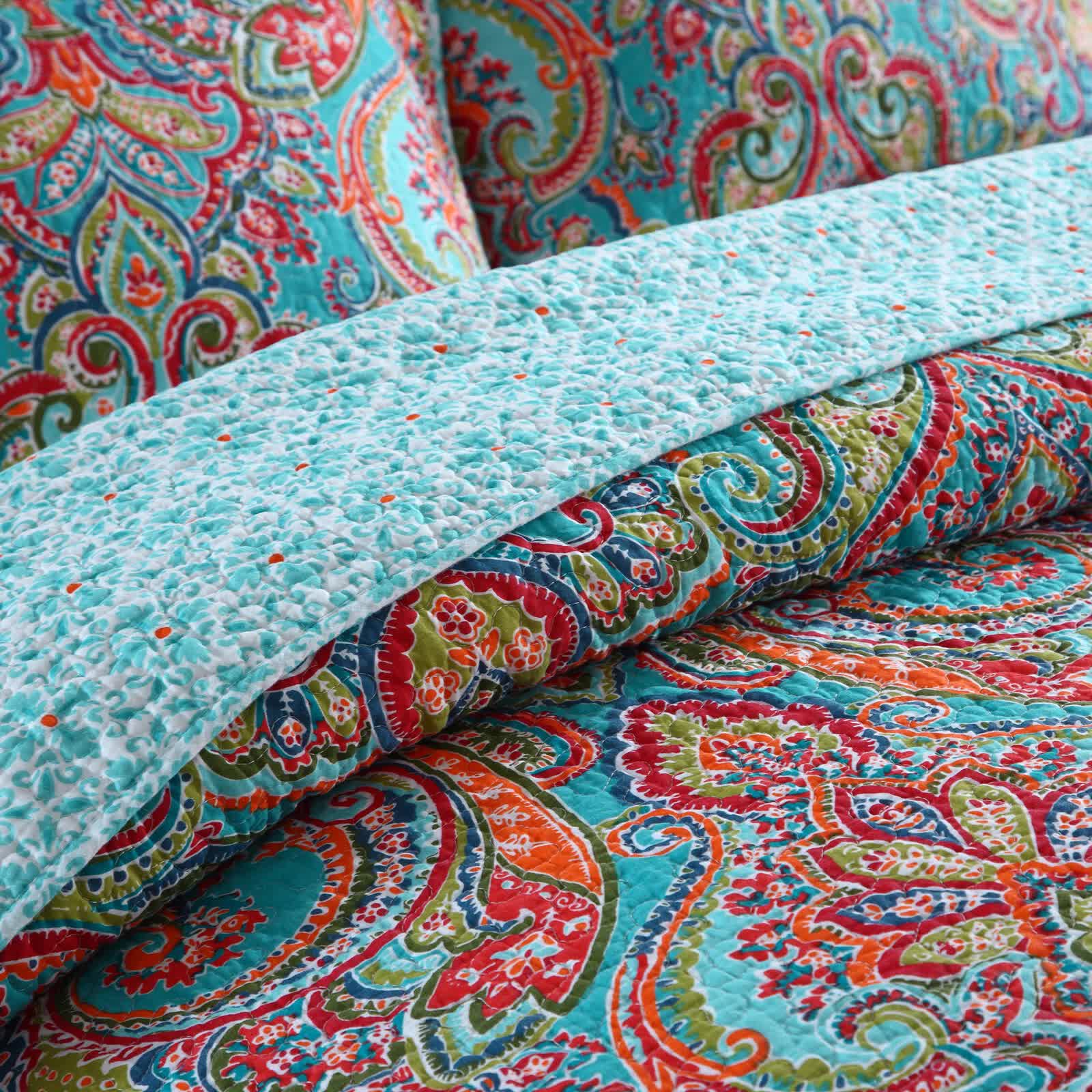Blue Teal Boho Print Bedspread Quilt Set + Pillowcases 3