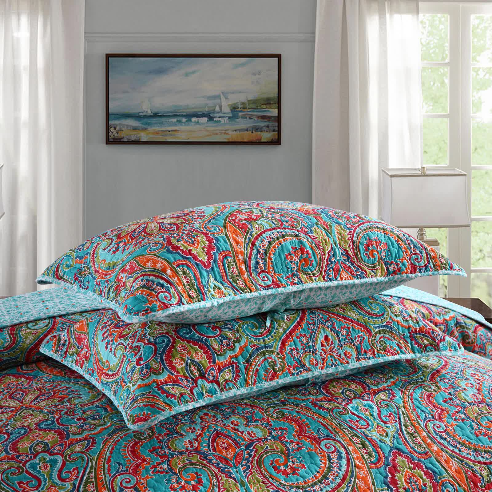 Blue Teal Boho Print Bedspread Quilt Set + Pillowcases 6