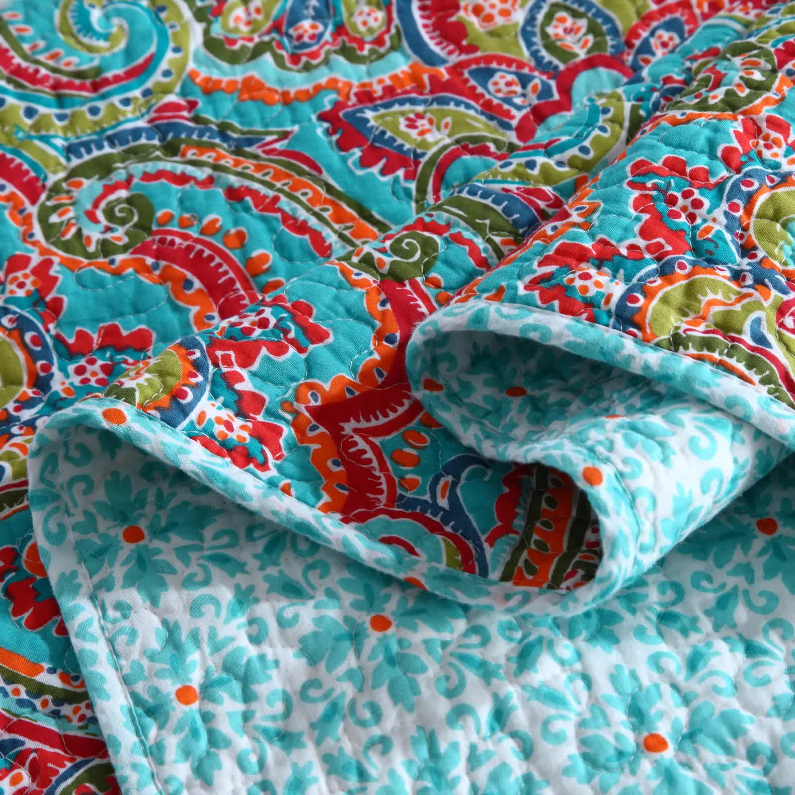 Blue Teal Boho Print Bedspread Quilt Set + Pillowcases 8