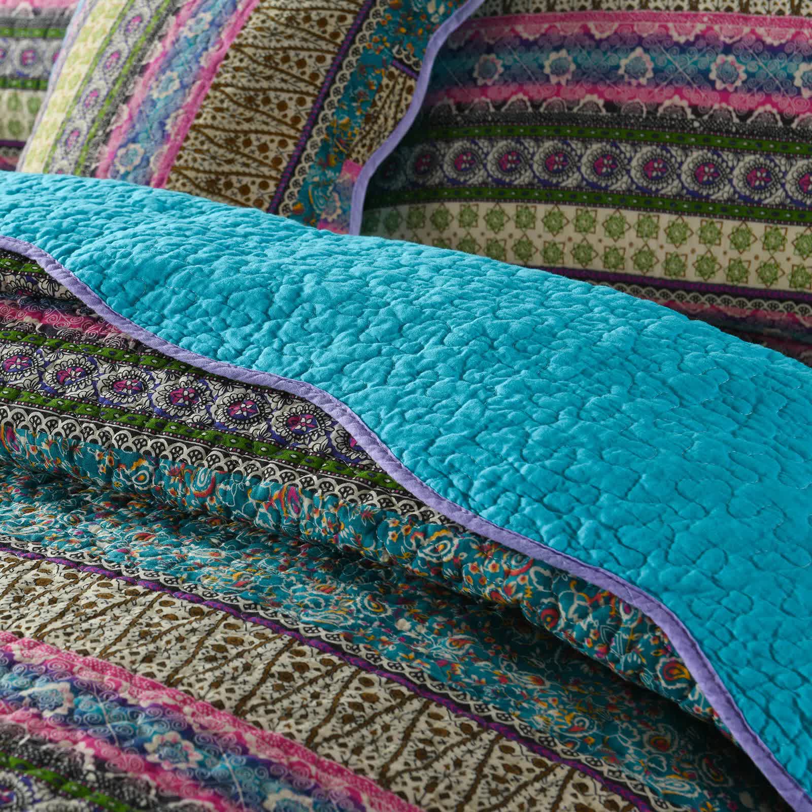 Grenn Teal Boho style Printed Bedspread Quilt Set + Pillowcases 3